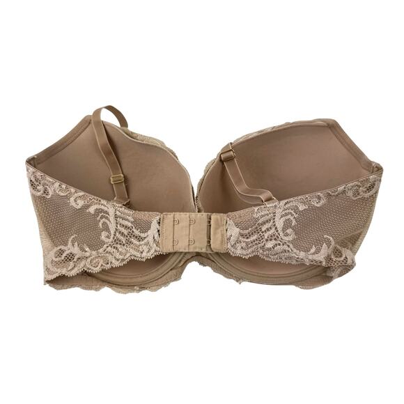 Natori Tan Beige Lace Mesh Adjustable Strap V-Neck Plunge Lined Lingerie Bra - Picture 2 of 6